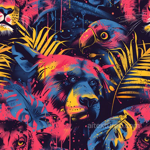 Seamless 3D PBR Graffiti Texture Featuring Neon Stylized Wild Animals and Tropical Leaves texture preview