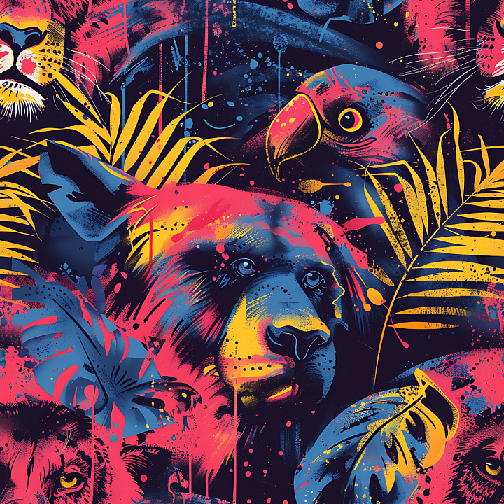 Graffiti Featuring Neon Stylized Wild Animals and Tropical Leaves seamless PBR texture preview