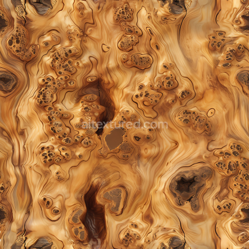 Seamless 3D Burl Wood PBR Texture Featuring Knots and Flowing Grain Patterns