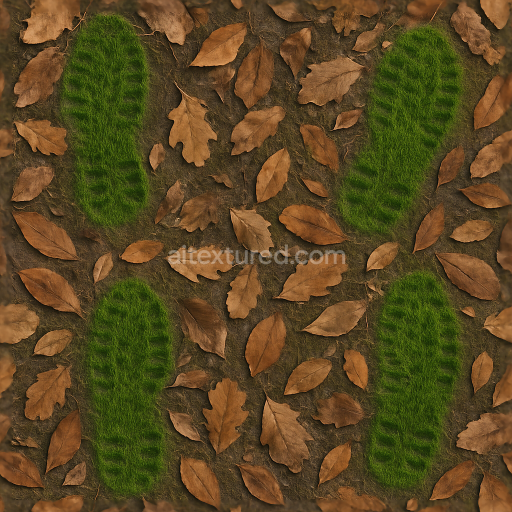 Seamless 3d texture pbr 8k of grassy footprints on forest floor with fallen leaves