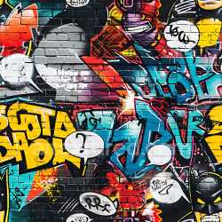 seamless Seamless 3D PBR Graffiti Texture Featuring Bold Colors and Speech Bubble Tags on Brick texture 8k free download PBR