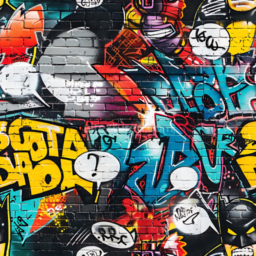 Seamless 3D PBR Graffiti Texture Featuring Bold Colors and Speech Bubble Tags on Brick