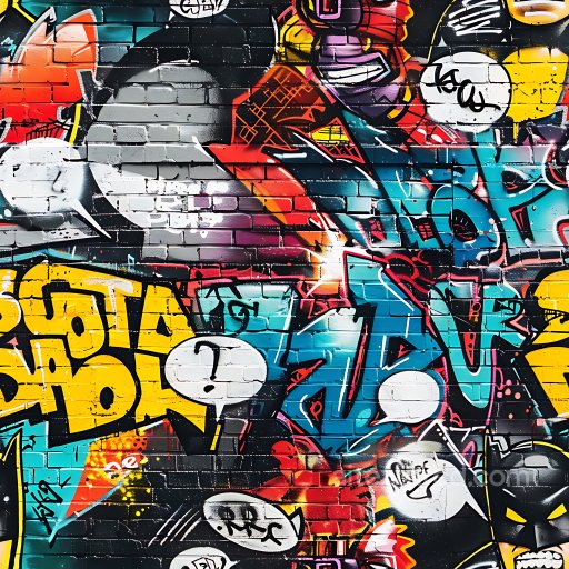 Seamless 3D PBR Graffiti Texture Featuring Bold Colors and Speech Bubble Tags on Brick texture preview