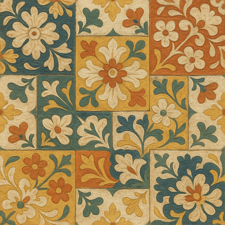 Encaustic Tiles Mosaic With Colorful Tiles And Intricate Floral Motifs seamless PBR texture preview