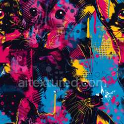 seamless Seamless 3D PBR Graffiti Texture Featuring Colorful Stylized Cats in Pink, Blue, Yellow texture 8k free download PBR