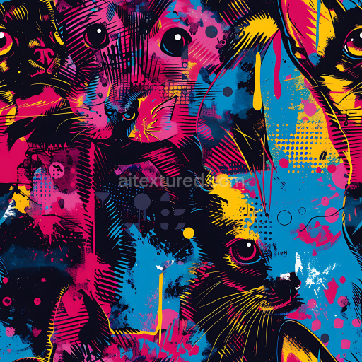 Seamless 3D PBR Graffiti Texture Featuring Colorful Stylized Cats in Pink, Blue, Yellow