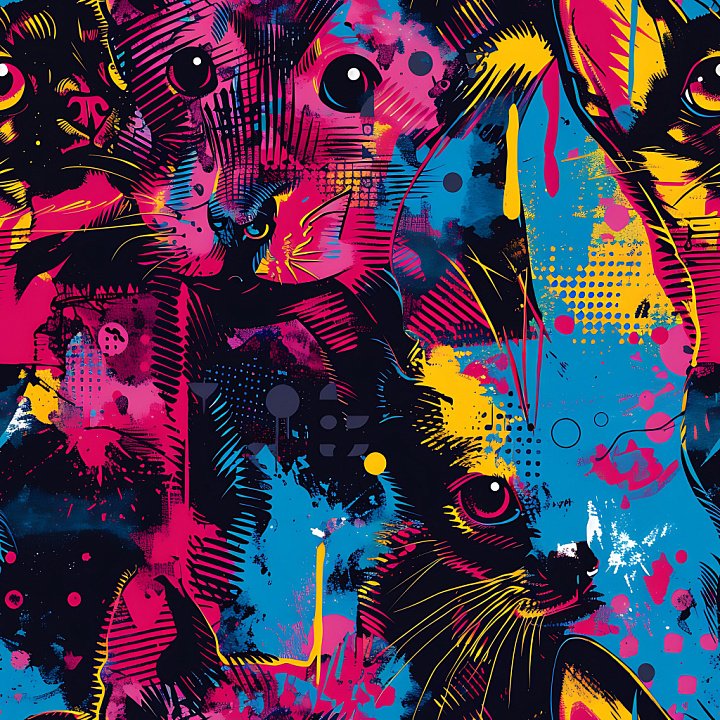 Graffiti Featuring Colorful Stylized Cats in Pink, Blue, Yellow seamless PBR texture preview