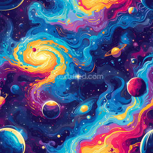 Seamless 3D Space PBR Texture Featuring Vibrant Galaxy Clouds and Stylized Planets