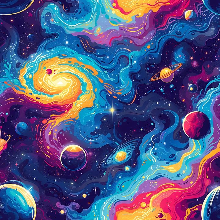 Space Featuring Vibrant Galaxy Clouds and Stylized Planets seamless PBR texture preview