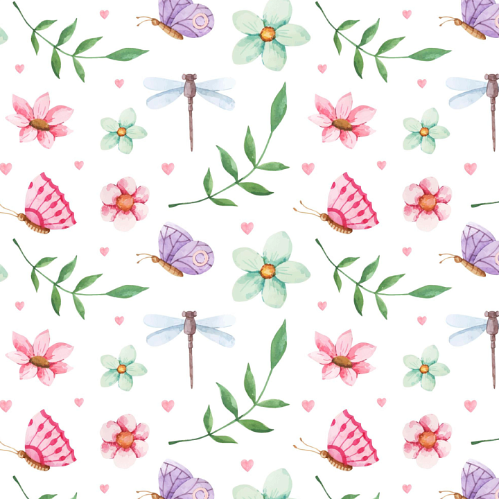with Watercolor Butterflies, Flowers & Leaves Pattern seamless PBR texture preview