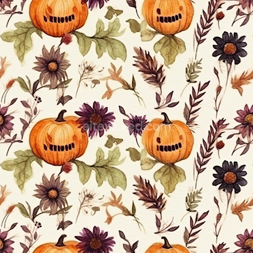 Seamless 3D PBR Watercolor Halloween Pumpkin and Floral Fabric Texture