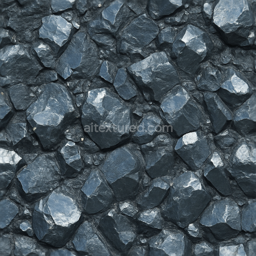 Seamless 3d texture pbr 8k of dark hematite rough stone with metallic inclusions and reflective fractured crystal surfaces