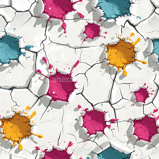 Seamless 3D PBR cracked plaster texture with colorful peeling paint and crater holes