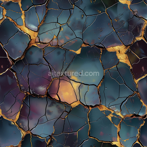 Seamless 3D Cracked Stone PBR Texture Featuring Golden Fissures and Smooth Dark Fragments