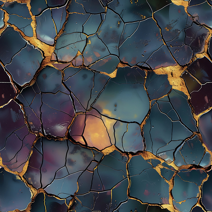 Cracked Stone Featuring Golden Fissures and Smooth Dark Fragments seamless PBR texture preview