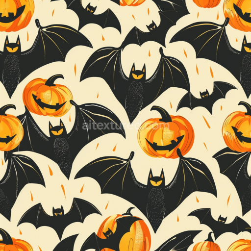 Seamless 3D PBR Texture of Vintage Halloween Pattern with Bats and Jack-o'-Lanterns