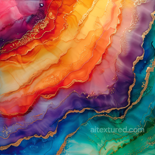 Alcohol Ink PBR Texture Featuring Vibrant Multicolor Fluid Waves and Gold Veining seamless Alcohol ink PBR texture