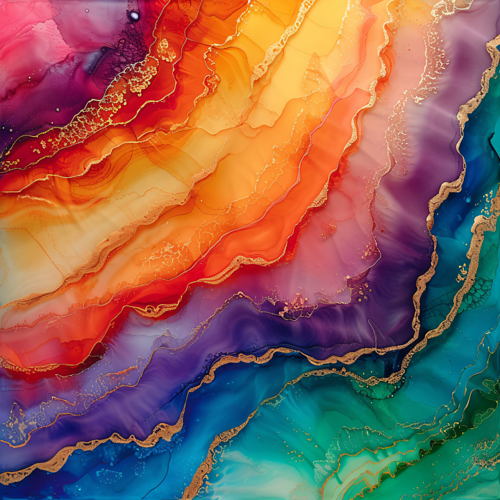 Alcohol Ink Featuring Vibrant Multicolor Fluid Waves and Gold Veining seamless PBR texture preview