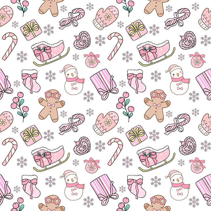Pattern of Cute Hand-drawn Christmas Motifs in Pastel Pink seamless PBR texture preview