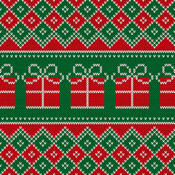 Christmas Digital Paper with Festive Knit Gift Boxes and Diamonds seamless PBR texture preview
