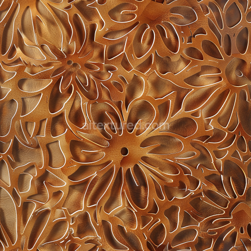 Seamless 3D PBR embossed floral pattern brown leather texture with intricate grain