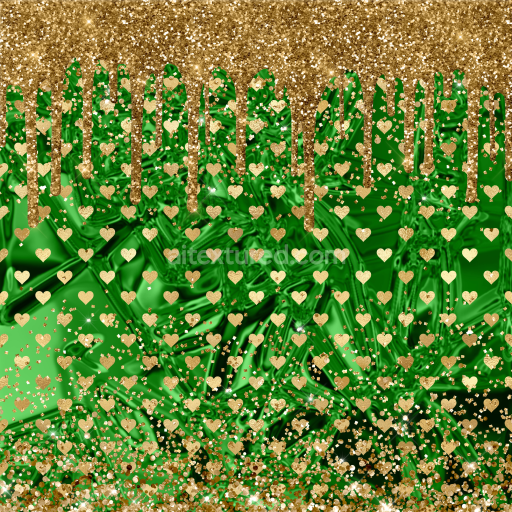 Seamless 3D PBR Green Fabric Texture with Gold Glitter Hearts and Dripping Effect