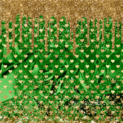 Green Fabric Texture with Gold Glitter Hearts and Dripping Effect seamless St patrick PBR texture