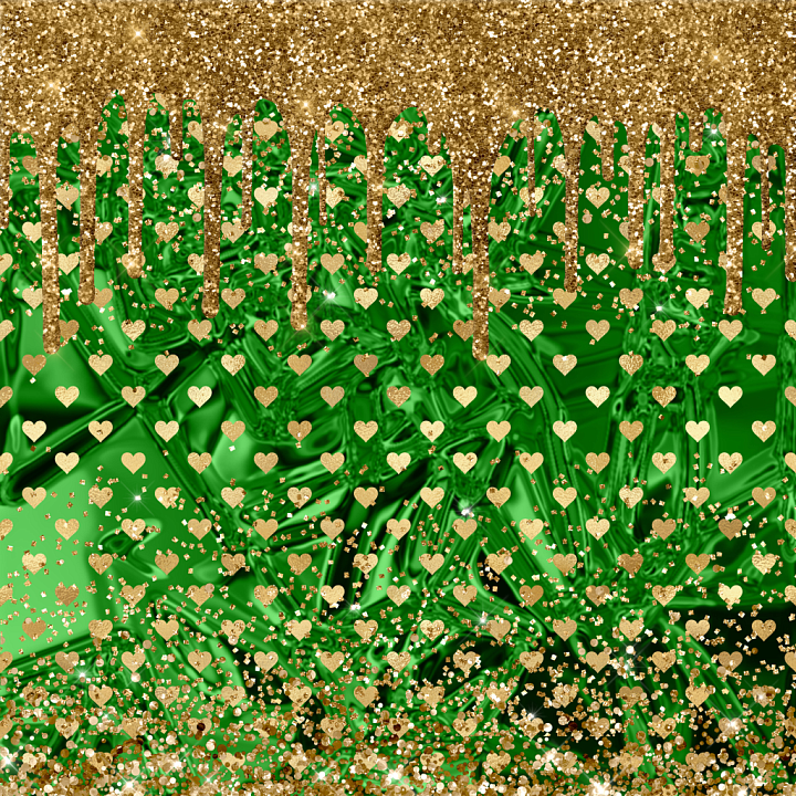 Green Fabric with Gold Glitter Hearts and Dripping Effect seamless PBR texture preview