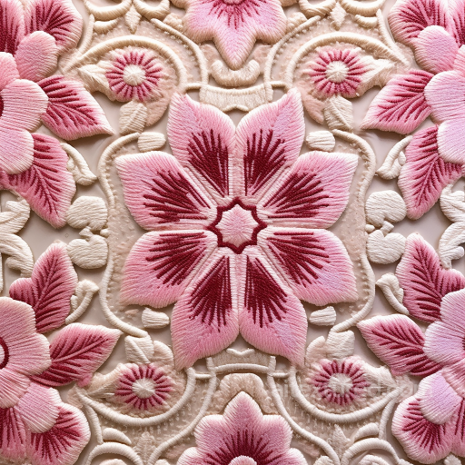 Embroidered Floral Fabric Texture With Pink Decorative Flowers seamless Embroidered floral PBR texture