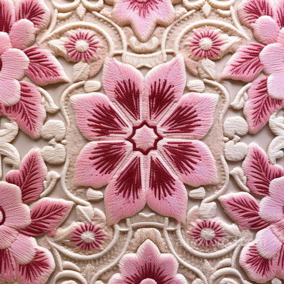 Embroidered Floral Fabric Texture With Pink Decorative Flowers Embroidered floral texture preview
