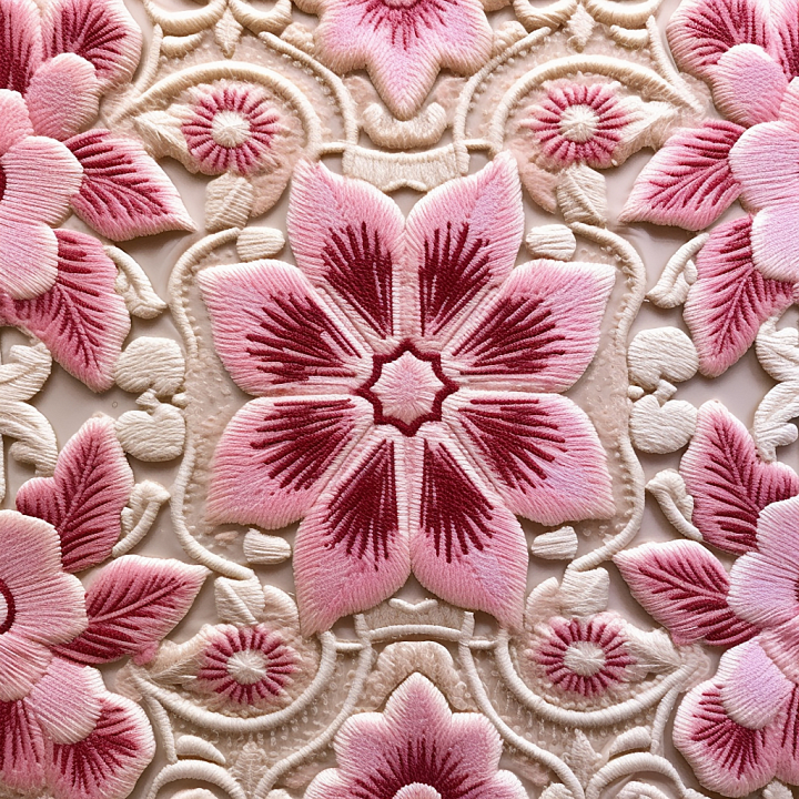 Embroidered Floral Fabric With Pink Decorative Flowers seamless PBR texture preview