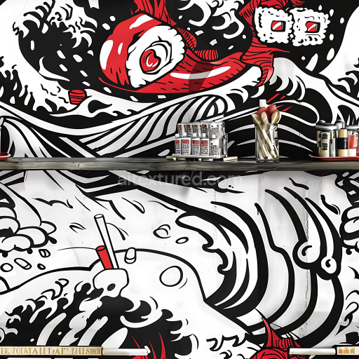 Seamless 3D PBR Graffiti Texture Featuring Bold Red, Black, and White Urban Street Art