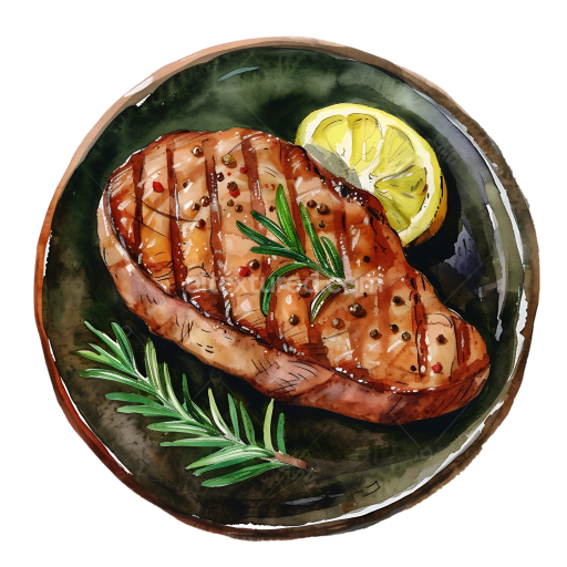 Watercolor Style Grilled Pork Loin Steak Breakfast Illustration with Lemon and Rosemary