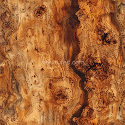 Seamless 3D Burl Wood PBR Texture with Knots and Intricate Grain Patterns