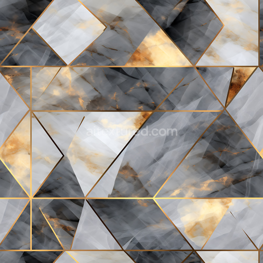 Seamless 3D Gold and Gray Marble Tiles PBR Texture with Geometric Pattern and Polished Finish