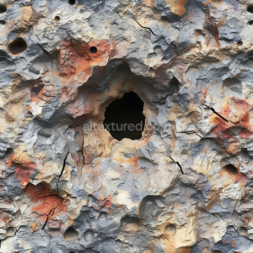 Seamless 3D cracked and holed rock PBR texture with multicolor erosion details