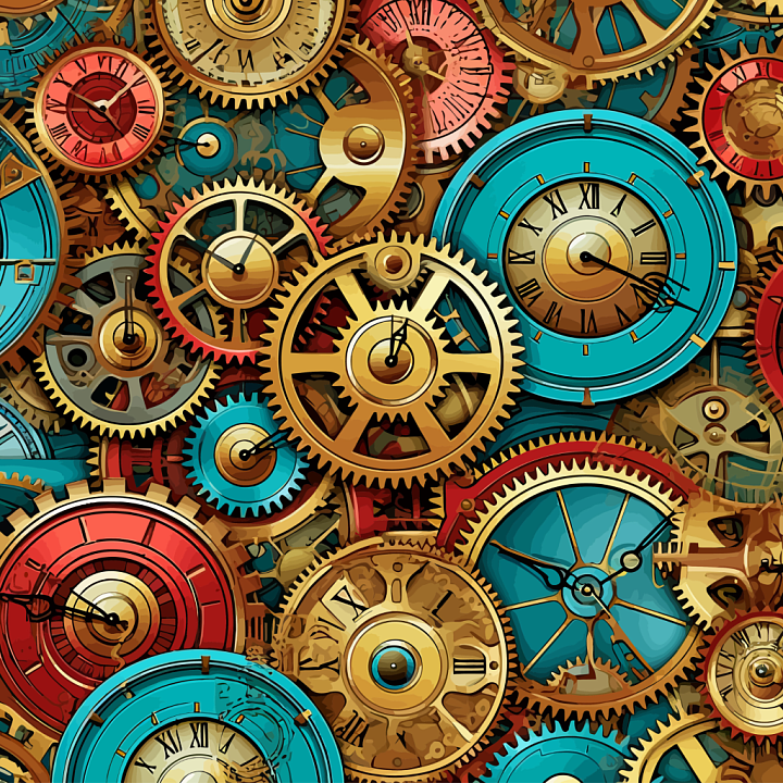 Vintage Scrapbook of Vintage Clockwork Gears with Turquoise and Red Acc… seamless PBR texture preview