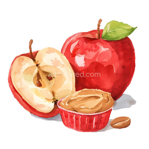 Watercolor Breakfast Illustration of Red Apple Slices with Peanut Butter