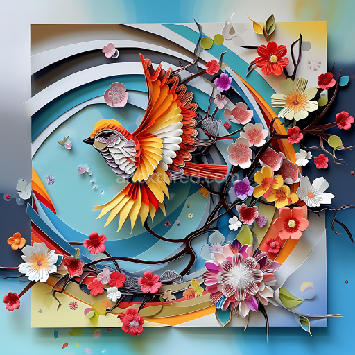 Seamless 3D PBR Texture of Origami-Inspired Cuckoo Bird with Floral Accents