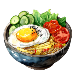 seamless Watercolor Bibimbap Bowl Breakfast Graphic with Egg and Fresh Vegetables texture 8k free download PBR