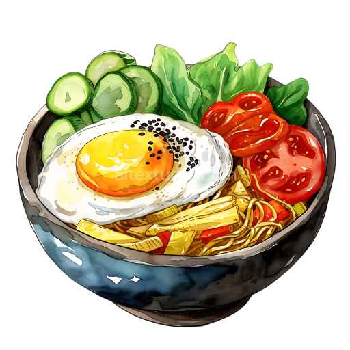 Watercolor Bibimbap Bowl Breakfast Graphic with Egg and Fresh Vegetables