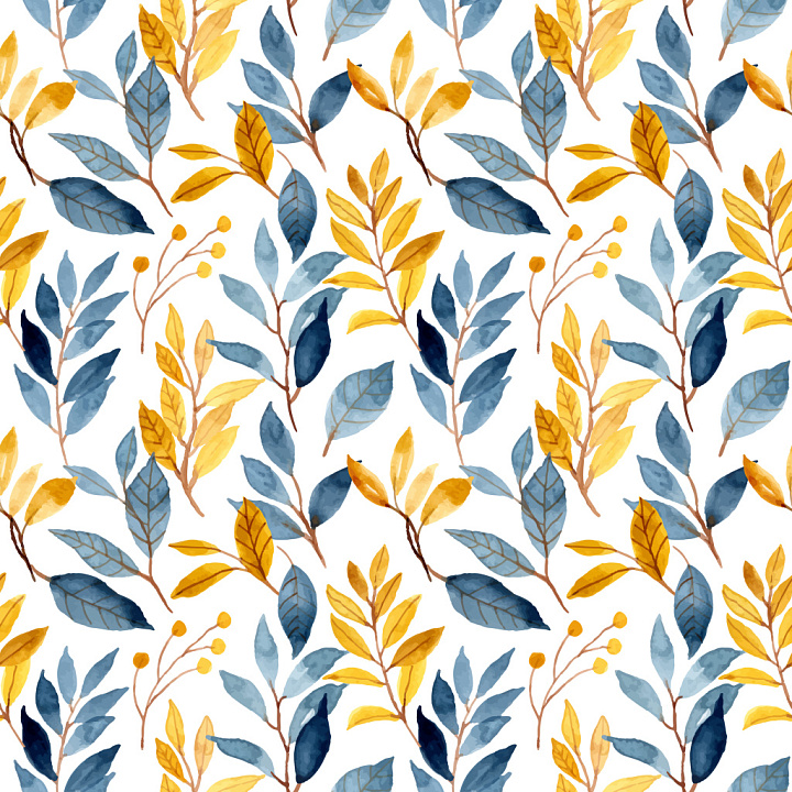 Pattern Featuring Watercolor Blue and Yellow Leaf Motifs seamless PBR texture preview
