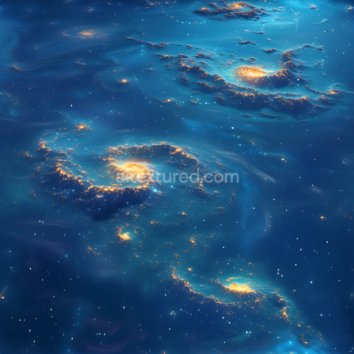 Seamless 3D Space PBR Texture Featuring Glowing Spiral Galaxy Nebulae in Deep Blue
