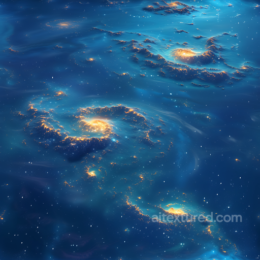 Space PBR Texture Featuring Glowing Spiral Galaxy Nebulae in Deep Blue seamless Star, space, planets PBR texture