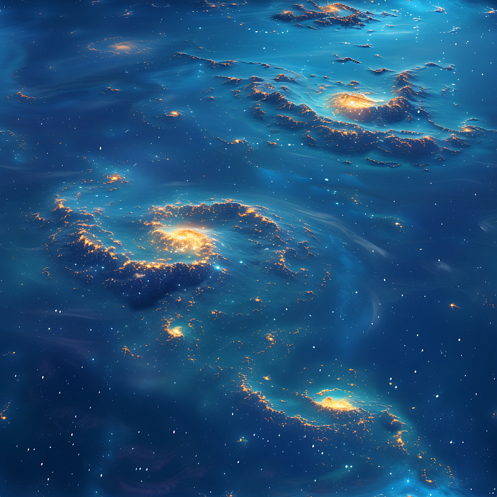 Space Featuring Glowing Spiral Galaxy Clouds in Deep Blue seamless PBR texture preview