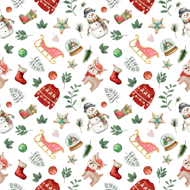 Pattern Featuring Watercolor Christmas Motifs in Soft Colors seamless PBR texture preview
