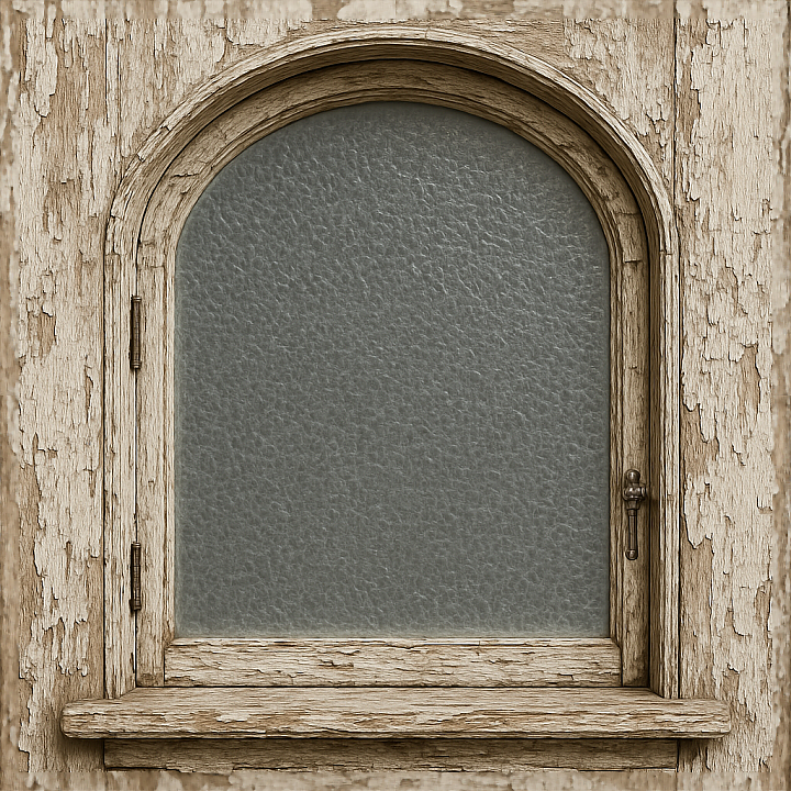 Of Arched Window With Textured Glass And Peeling Paint On Old… Wood seamless PBR texture preview