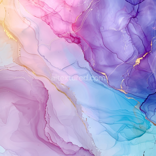 Seamless 3D Alcohol Ink PBR Texture Featuring Soft Pastel Violet and Blue Fluid Swirls with Gold Veining