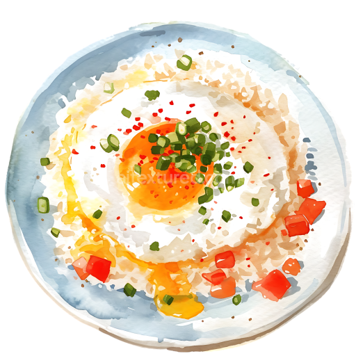 Watercolor Illustration of Fried Egg Breakfast with Rice and Vegetables