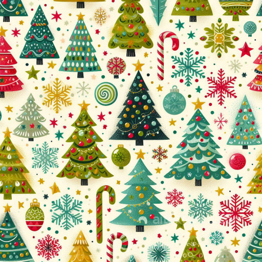 Christmas Digital Paper Texture Featuring Colorful Decorated Trees And Holiday Icons seamless All Christmas Digital paper PBR texture